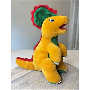 Vintage BJ Toy Yellow Dinosaur Plush Stuffed Animal Red Green Spikes 90s
